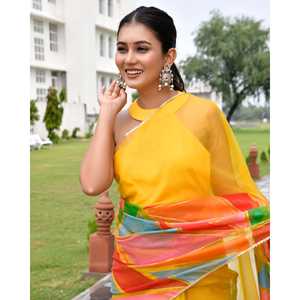 Sari jaune multicolore taille unique pour femme Resha, en organza et mousseline de soie, imprimé numériquement, polyvalent et élégant - Product Image 3