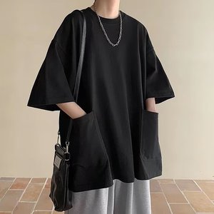 Camiseta Oversize de Manga Murciélago Negra para Hombre, Cuello Redondo, Estilo Casual, Tejido de Punto, Corte Largo - Product Image 2