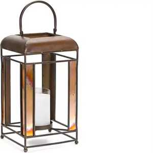 Bronze <b>copper</b> finish rectangular metal <b>lantern</b> vertical glass panels curved handle candle holder rustic farmhouse indoor outdoor - Product Image 1