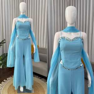 Elegante conjunto Sharara azul cielo de georgette sintético con detalles de espejo y dupatta a juego - Product Image 1