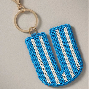 Unique Classic Blue White Striped Handmade Seed Bead Embroidery Gold Metal <b>Keychain</b> Eco-Friendly Bag Charm <b>Personalized</b> Gift - Product Image 1
