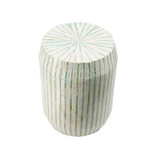 Luxury Mother of Pearl Mosaic Side <b>Table</b> <b>Stool</b> Handcrafted Cylindrical Accent <b>Table</b> with Coastal Blue Shell Inlay - Product Image 2