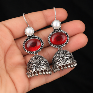 Pendientes Jhumka de Piedra Roja con Garantía Comercial |   Proveedor de Joyería Étnica de Plata Oxidada - Product Image 3