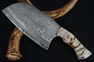 Handmade 8-Inch Damascus Steel Cleaver <b>Knife</b> with <b>Bone</b> <b>Handle</b> Ambidextrous Design Modern Style Dishwasher Safe Leather Sheath - Product Image 4