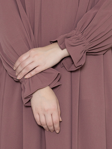 Elegant Dusty Rose Long Sleeve Maxi Abaya Featuring Pleated Front Detailing and Ruffled Cuffs Modest Islamic Everyday Dress - Product Image 5