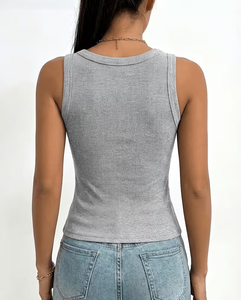 Women's Turquoise Ribbed Knitted Crew Neck Short Tank Top Casual Breathable Solid Color Polyester/Cotton Blend 160g Customizable - Product Image 5
