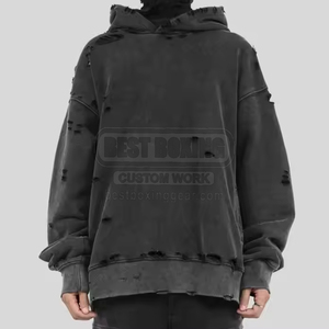 เสื้อฮู้ดดี้ผ้าคอตตอนผสม ขายดี MOQ ต่ำ ดีไซน์ขาดๆ แบบพรีเมียม คุณภาพเยี่ยม ลุคเท่ๆ สไตล์สตรีทแวร์ - Product Image 3
