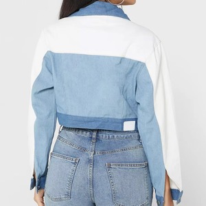 Women Two-Tone <b>Denim</b> <b>Jacket</b> Blue White Color Block Casual <b>Cropped</b> Button-Up Outerwear Spring Cotton Woven - Product Image 6