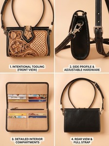 Handcrafted Genuine Leather Women's Crossbody Bag Floral Embossed Sling Purse Woven Panel <b>Zipper</b> Closure Shoulder <b>Wallet</b> Fashion - Product Image 2
