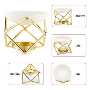 Brûleur de cire moderne en métal doré avec bol en céramique, support géométrique pour bougie chauffe-plat, diffuseur d'huiles essentielles pour aromathérapie, décoration d'intérieur - Product Image 3