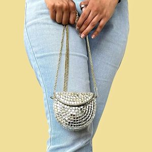 Mini Mirror Bag | Handmade Mirror Clutch - Shoulder Sling for Women & Girls, White Embellishments on Metal | Chain Inner Bag Med - Product Image 3