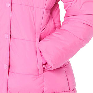 Blouson matelassé rose à capuche pour femme – Vêtement d'extérieur décontracté d'hiver, couleur unie, en polyester, fermeture boutonnée, coupe épaisse - Product Image 5