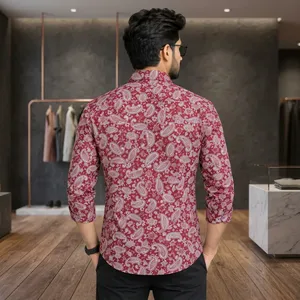 <b>Men's</b> <b>Red</b> Paisley Batik Knitted Eco-Friendly Long Sleeve Casual <b>Shirt</b> Turn-down Collar 100% Cotton Breathable Summer Wear - Product Image 2