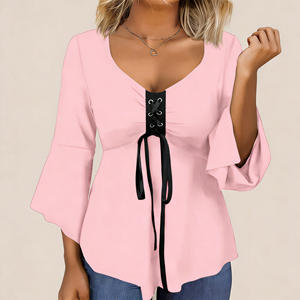 Oferta especial en Temu: Blusa moderna para mujer con cuello en V, cordones en la parte delantera, manga 3/4, dobladillo asimétrico, estilo túnica para oficina, informal o fiesta. - Product Image 3