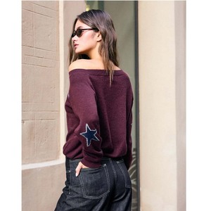 Women's <b>Off</b>-<b>Shoulder</b> Embroidered <b>Sweatshirt</b> Maroon Full Sleeve Star Patch Knitted Oversized Top Autumn Wear - Product Image 5