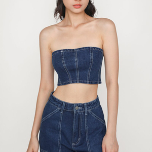 Vestido vaquero sin tirantes sexy con abertura y estampado estilo urbano de algodón de alta calidad para mujer, venta al por mayor - Product Image 4