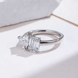 Shining Lab Grown 1.01CT Each Heart & Emerald Cut Diamond Toi Et Moi <b>Ring</b> For Women's 14K White Gold Fine Surprise Gift Her - Product Image 3
