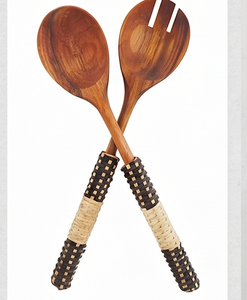 Modern Wooden Salad Servers Set With Woven Handles Bohemian Style Eco Friendly Flatware For <b>Kitchen</b> Use <b>Camping</b> And Hotel Use - Product Image 1