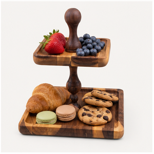 Support à gâteau à 2 niveaux en bois d'acacia fait main, support de présentation de dessert de mariage écologique, support à cupcakes en bois à plusieurs niveaux - Product Image 2