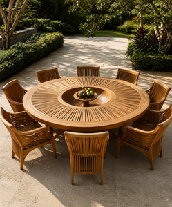 High End Sunburst Design Teak Wood <b>Round</b> <b>Table</b> Set <b>Patio</b> Gathering Furniture - Product Image 2