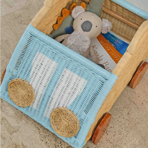 Natural Rattan Children Car Toy Buggy for Playing Storage Organizer Cart Kid Room Wicker Rolling Storage Basket Wholesale - Product Image 2