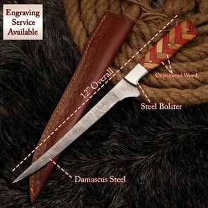 Couteau à filet en acier Damas fait main 12 pouces, manche en bois d'olivier et Pakka, talon en acier, lame droite, épaisseur 0,6 mm, étui en cuir - Product Image 2