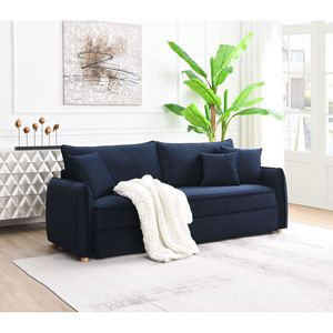 Divano Letto Irina in Velluto Blu con 3 Cuscini Decorativi, Comodo Divano Componibile - Product Image 1