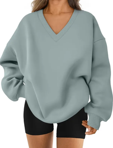 Sudadera Oversize de Mujer Azul Oscuro con Cuello en V, Manga Larga, Estilo Casual Urbano y Deportivo, Ropa al por Mayor OEM ODM - Product Image 2