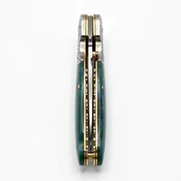 Couteau pliant à manche vert foncé avec lame à motifs et accessoires décoratifs argentés pour équipement de camping et coffret cadeau pour collectionneur