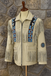 Veste en cuir beige à franges pour homme, style western, faite à la main, style décontracté, pour l'automne - Product Image 4