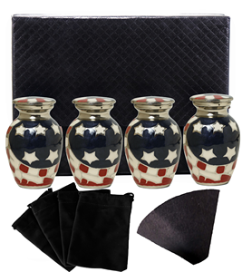 Pequeñas urnas de latón duradero para recuerdos con la bandera estadounidense en relieve, juego de 4 |   Recipientes Conmemorativos de Metal para Cenizas Funerarias, para Restos Humanos - Product Image 1