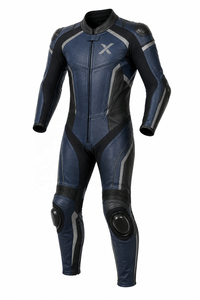 Combinaison de moto en cuir pleine fleur de vachette X Top Grain |   Noir Bleu |   Logo X |   Fabricant OEM ODM |   Qualité de conception haut de gamme | - Product Image 1