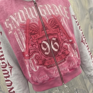 Snowgrace Hooded Zip-Up <b>Sweatshirt</b> <b>Pink</b> White Oversized Crop Fit Streetwear Unisex Print Front Logo - Product Image 6