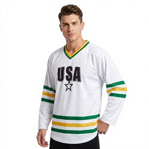 Men's USA Ice Hockey Jersey <b>White</b> Green Yellow V Neck Full Sleeve Breathable Polyester Sport Apparel - Product Image 1