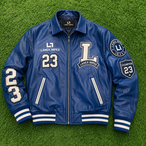 Custom Blue <b>Leather</b> Varsity <b>Jacket</b> for <b>Men</b> Letterman Bomber <b>Jacket</b> with Embroidered Chenille Patches OEM ODM Wholesale Supplier - Product Image 6