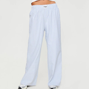 Pantalones de Mujer con Logotipo Personalizado, Casuales, 100% Algodón, Holgados, con Rayas Azules, Pantalones Largos, Tallas Grandes - Product Image 1