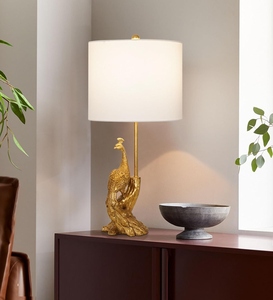 Modern Luxury Gold Peacock Sculpture <b>Table</b> Lamp White Fabric Shade Resin Animal Art Deco <b>Bedside</b> Living Room Home Decor Light - Product Image 3
