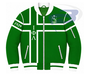 Veste universitaire pour femme Iota Phi Lambda, blanche, avec lettres grecques brodées, fermeture éclair sur le devant, style preppy, col et poignets, veste de style Letterman - Product Image 1