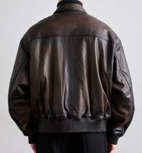 PIHA SPORTS Men's Brown Genuine Leather Winter Varsity Jacket Front Casual Style Color Blocking <b>Rivet</b> Rhinestone Embossed Design - Product Image 2