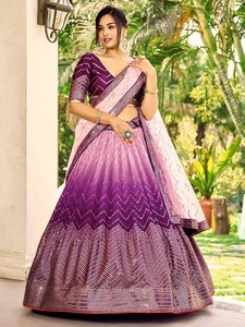 Purple Pink <b>Lehenga</b> Set Glitter Zigzag Evening Dress Embroidered Banarasi Style Party Wedding Outfit - Product Image 1