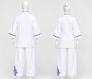 Ensemble uniforme de Kung Fu et Tai Chi pour femmes, en coton blanc, avec broderie florale bleue faite à la main, haut et pantalon respirants - Product Image 2