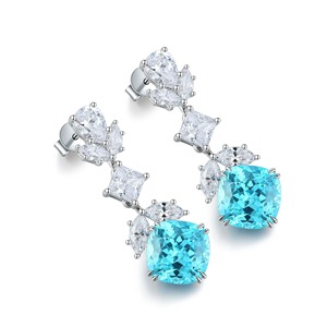 Luxury Women's 925 <b>Silver</b> <b>Stud</b> Earrings With Blue Zircon Cushion Cut Diamond Flower Design Claw Setting Wedding Jewelry - Product Image 1