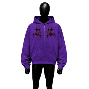 Sudadera con capucha morada duradera de gran tamaño con cremallera, estilo gótico tribal, corte holgado, moda urbana, ropa casual, atuendo diario, ropa de fin de semana - Product Image 1