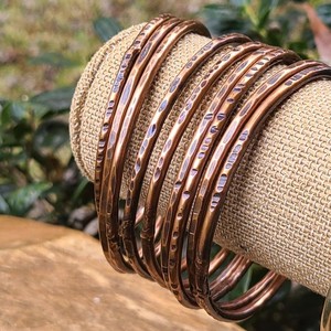 Copper Stacking Bangle Set Handcrafted Textured Hammered Slim Wire Solid Metal Bangles Personalization Customizable Size Holiday - Product Image 1