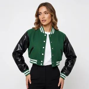 Chaqueta Varsity Verde de Punto con Mangas de Cuero Vacuno, Cuello Camisero, Chaqueta Bomber para Mujer, Ropa de Otoño con Rayas - Product Image 1