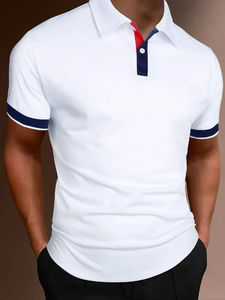 Camisa Blanca de Manga Corta para Hombre, Corte Regular, Informal, Tejida, de Color Sólido con Ribete Azul Marino en los Puños, 100% Algodón, Transpirable, para Invierno - Product Image 2