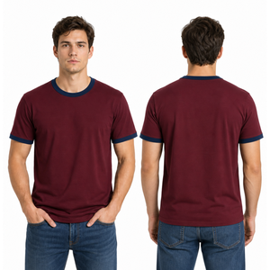 T-shirt Ringer Homme Best-seller à Logo, Bicolore Bordeaux avec Bordure Contrastante, Manches Courtes, Coupe Slim, Décontracté, Uni, Style Sport - Product Image 4