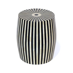 Tabouret rond moderne en bois avec incrustation rayée pour salon, décoration intérieure, mobilier vintage, produit de décoration pour la maison, couleur os - Product Image 5