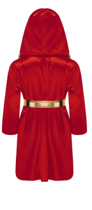 HAWK SPORTS INDUSTRIES <b>Red</b> Hooded Polyester Satin Robe Gold Trim <b>Belt</b> All Seasons for Child Boxing Training/Competition Wear - Product Image 2