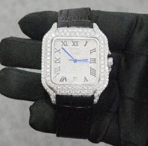 Gorgeous <b>Black</b> Roman Number Moissanite Diamond <b>Watch</b> with Leather Band Elegant Looking Hand <b>Watch</b> for Export Sale - Product Image 1